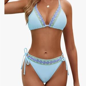 🎊Sky Blue Bikini with Adjustable Straps and Boho Trim